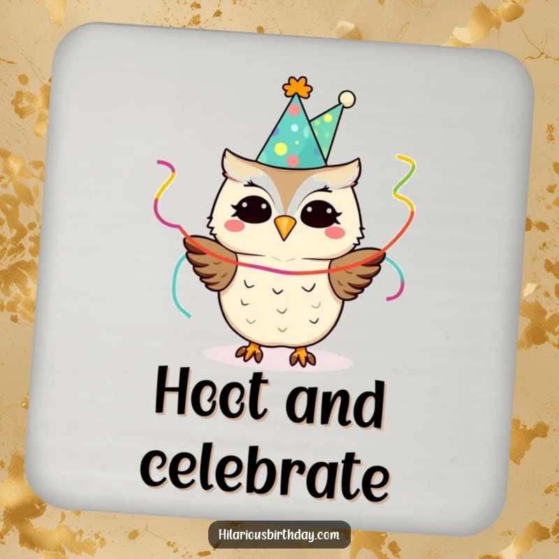 Funny owl wearing a party hat and holding streamers, on a drink coaster, perfect for adding funny festive vibes.