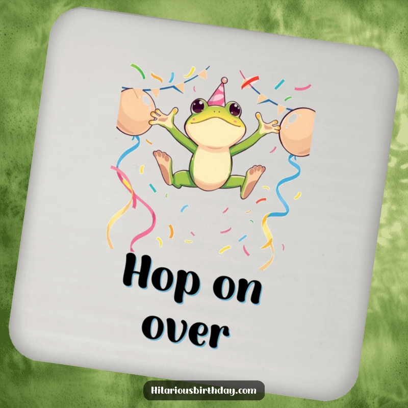 Funny drink coasters featuring an energetic frog character leaping over party streamers, adding festive and humorous flair.