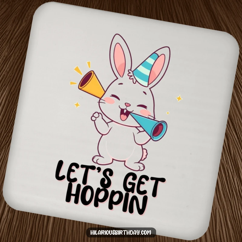 Funny bunny coasters, a set featuring a happy bunny character blowing enthusiastically on a party horn, for protection.