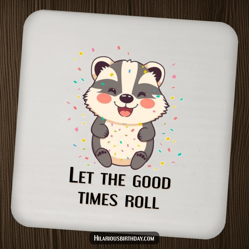 Funny badger drink coaster featuring a joyful, smiling badger covered in a celebratory flurry of colorful confetti.