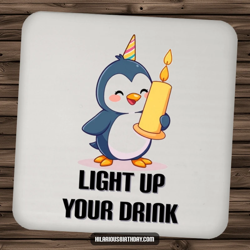 Funny happy penguin character waddling with a giant birthday candle, as a decorative drink coaster.