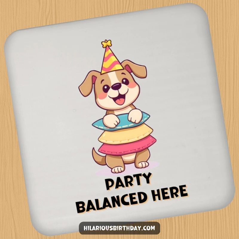 Funny drink coasters with a dog character balancing party hats, protecting tables with adorable humor and festive flair.