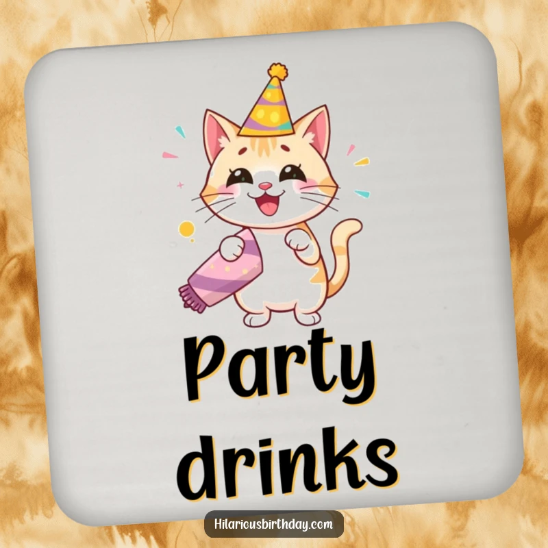 Funny drink coaster featuring a happy cat in a birthday hat, energetically popping a giant party popper, perfect for party tables.