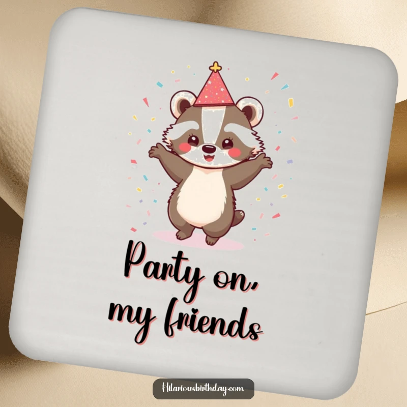 Funny coasters displaying a cute badger with a sparkly hat, dancing enthusiastically amongst confetti, protecting surfaces with humor.