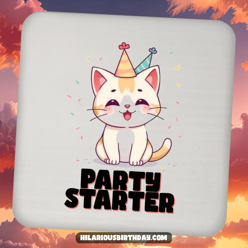Funny Kawaii cat drink coaster with a cute character in a party hat, playfully tossing confetti, a humorous and protective surface accessory.