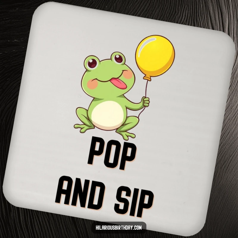 Funny drink coaster featuring a kawaii frog character happily popping a balloon with its tongue, adding a humorous and protective touch.