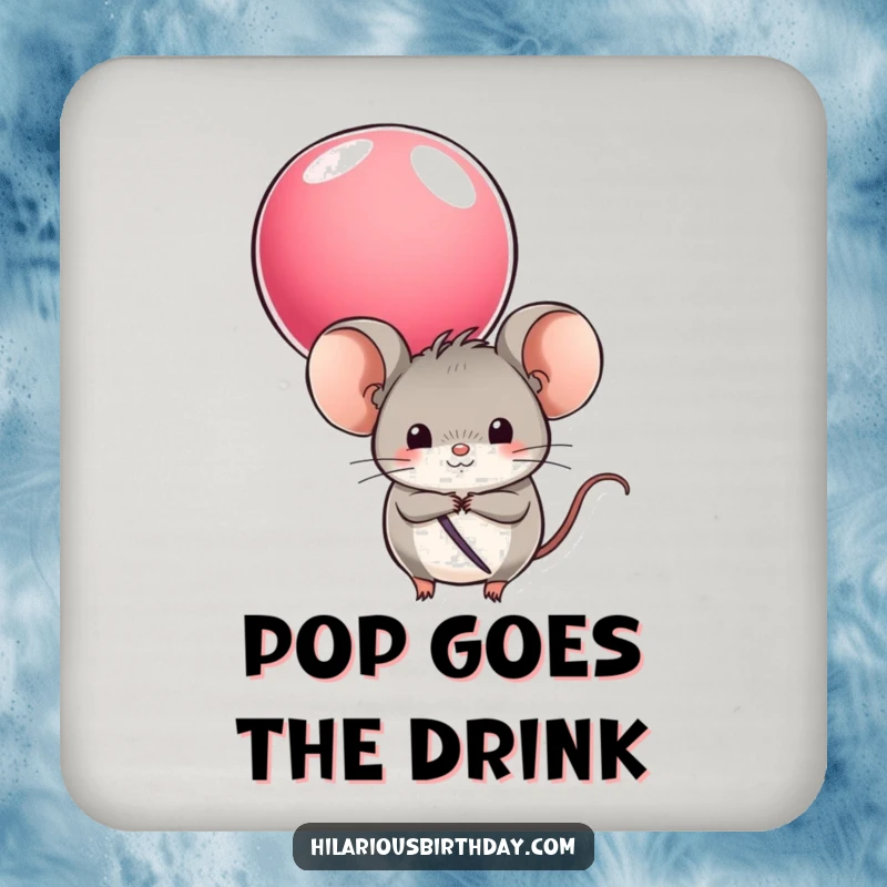Funny drink coasters featuring a round mouse character hiding behind a colorful balloon, adding playful and whimsical humor.