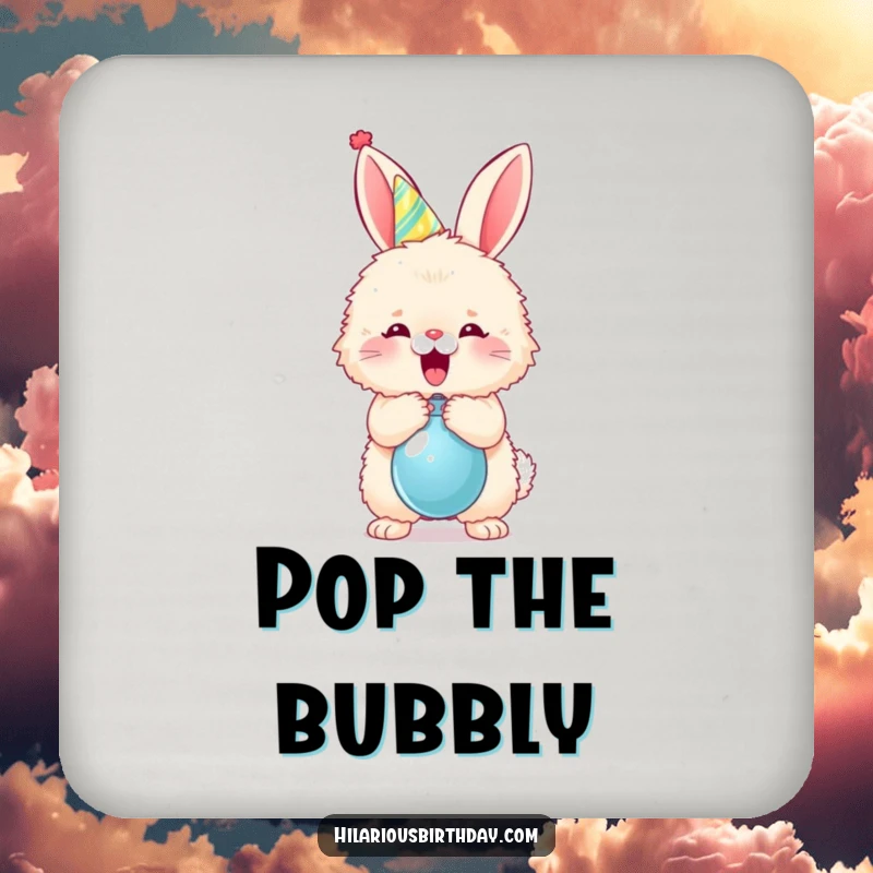 Funny fluffy bunny in a party hat popping a balloon on a drink coaster, adding festive fun to surfaces.
