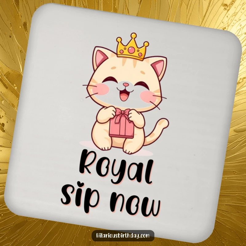 Funny drink coaster featuring a delighted cat wearing a crown and holding a gift bag.