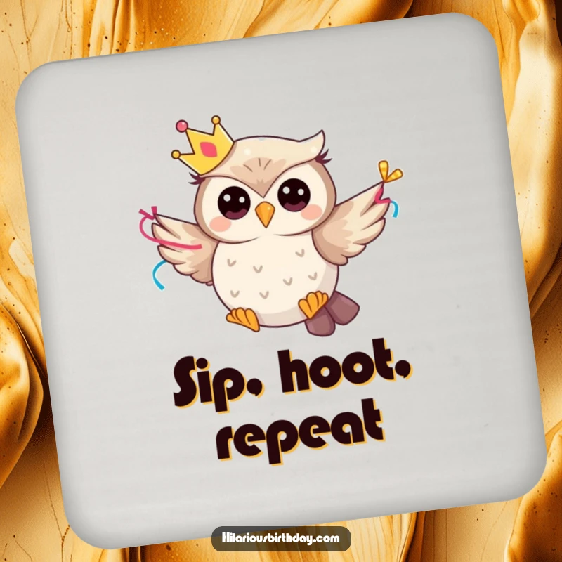 Funny whimsical owl character wearing a party crown and flying with a streamer, as a decorative drink coaster.