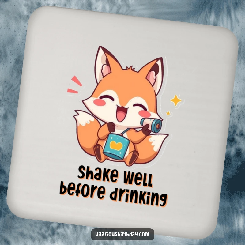 Funny drink coasters featuring a playful fox character shaking a noisemaker, adding a festive and humorous touch to surfaces.