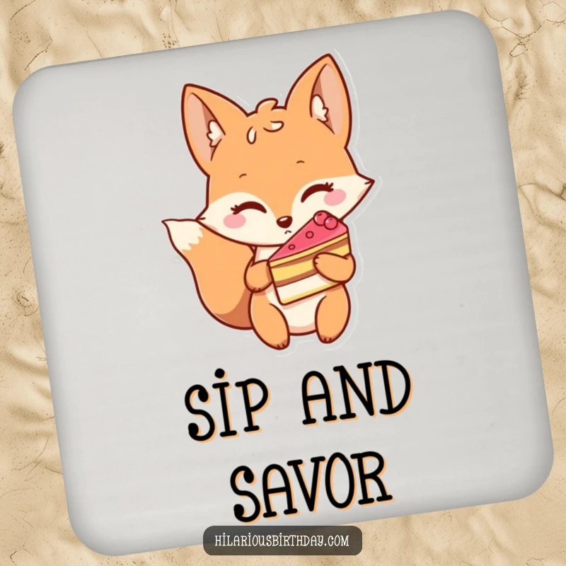 Funny drink coaster featuring a winking fox character holding a slice of cake, adding a sweet touch.