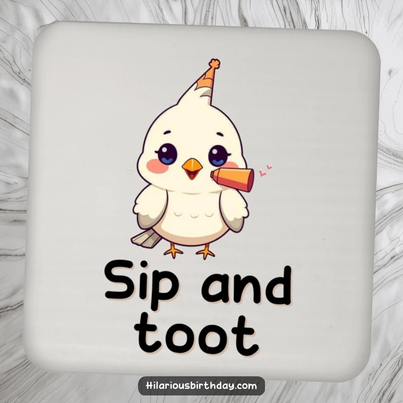 Funny drink coaster featuring a kawaii bird character wearing a tiny party blower in its beak, adding a festive and humorous touch.