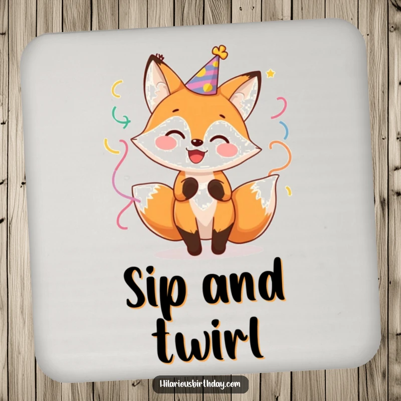 Funny Fox Party Drink Coaster: Cheerful fox character in a party hat, twirling with streamers, functional party decor.