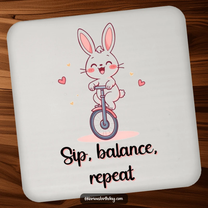 Funny Rabbit Coasters: Cheerful rabbit gleefully riding a unicycle around a cake, protecting surfaces with humor.
