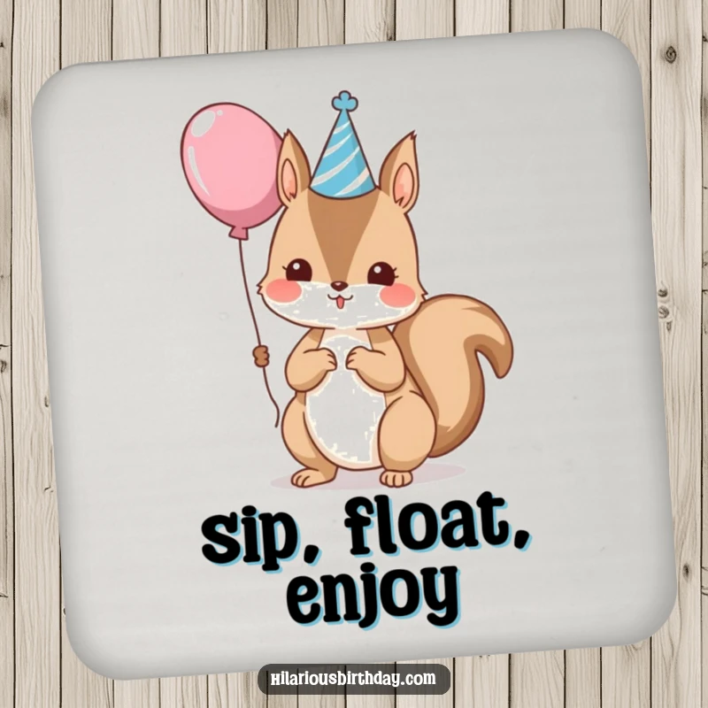 Funny kawaii squirrel wearing a party hat and holding a balloon, a protective drink coaster, ideal funny gift.