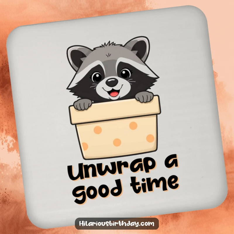 Funny raccoon drink coasters, a cute masked animal peeking out of a gift box. Protects furniture with humor.