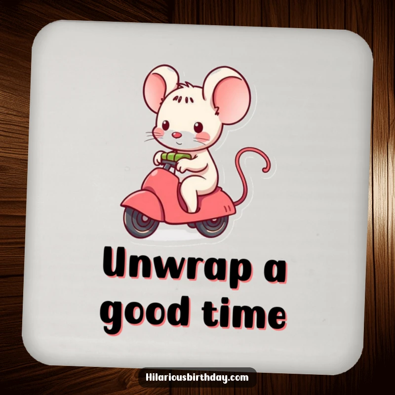 Funny kawaii mouse character riding a small, unwrapping gift on a drink coaster.