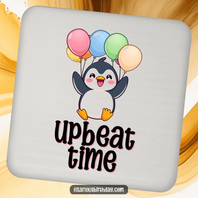 Funny drink coaster featuring a cheerful Kawaii penguin character excitedly holding a bunch of colorful balloons, a sweet touch.