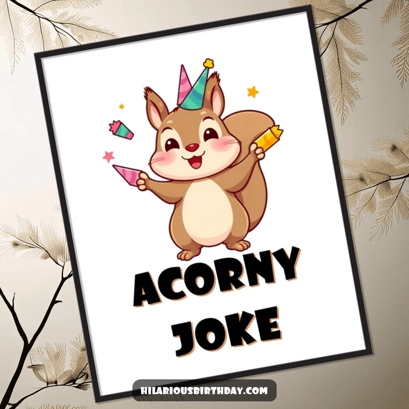 Funny poster print of a kawaii squirrel character juggling brightly colored party horns, adding a vibrant and humorous touch to any wall.