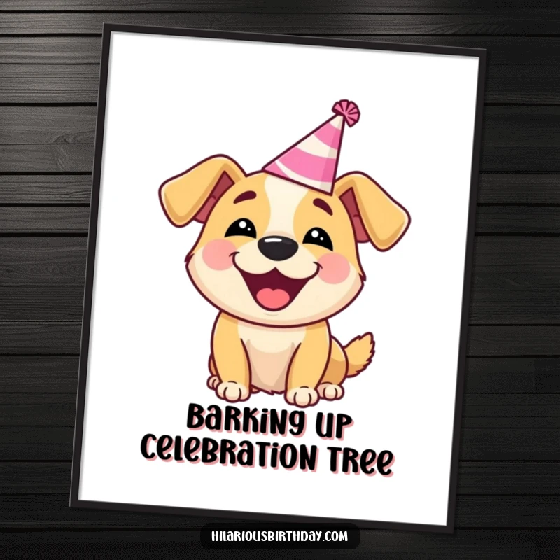 Funny Dog Poster: Delighted dog wearing a silly party hat, barking happily, festive wall art.