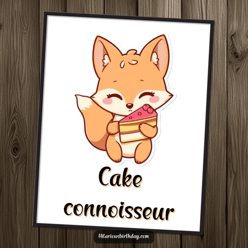 Funny poster print of a winking fox character holding a slice of cake, adding a touch of playful charm.