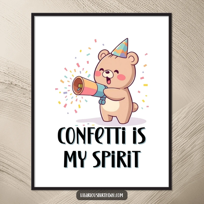 Funny kawaii bear character enthusiastically launching confetti from a party cannon, creating a vibrant and festive poster.
