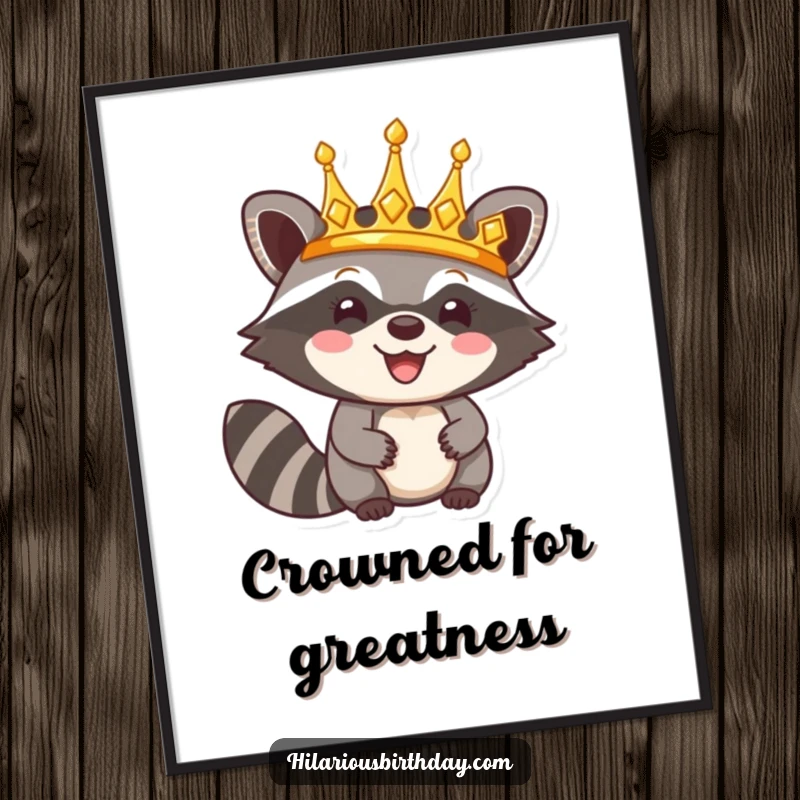 Funny poster art of a happy raccoon character triumphantly wearing a shiny golden crown, exuding playful authority and charm.