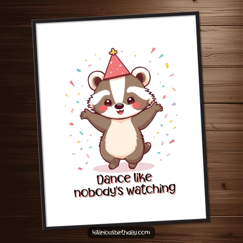 Funny poster art of a cute badger in a sparkly hat, dancing enthusiastically amongst confetti, perfect for vibrant, celebratory decor.