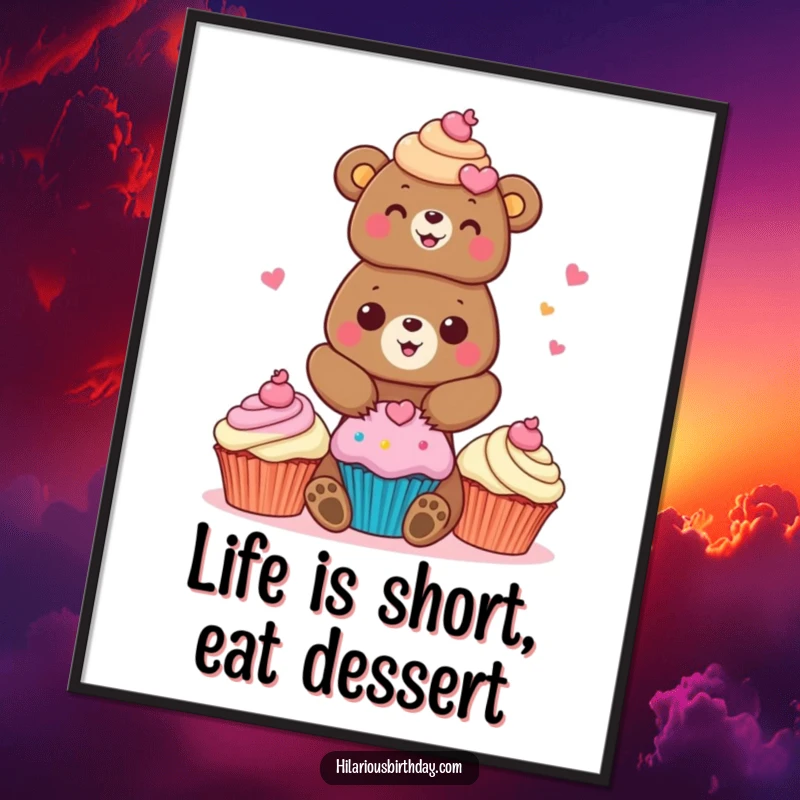 Funny bear poster art of a cheerful bear character stacking brightly colored cupcakes, celebrating delicious baking.
