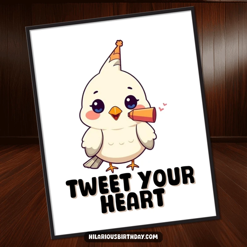 Funny poster print of a kawaii bird character wearing a tiny party blower in its beak, adding a festive and humorous touch to wall decor.