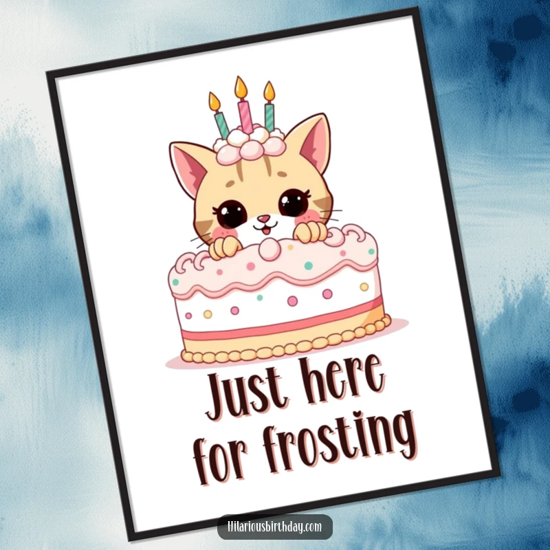 Funny birthday poster print of a charming cat peeking from behind a grand, decorated birthday cake, embodying playful celebration and joy.