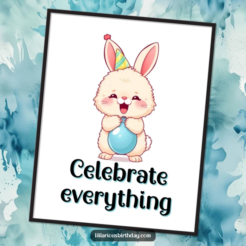 Funny fluffy bunny in a party hat enthusiastically popping a balloon, presented as a poster for festive wall art.