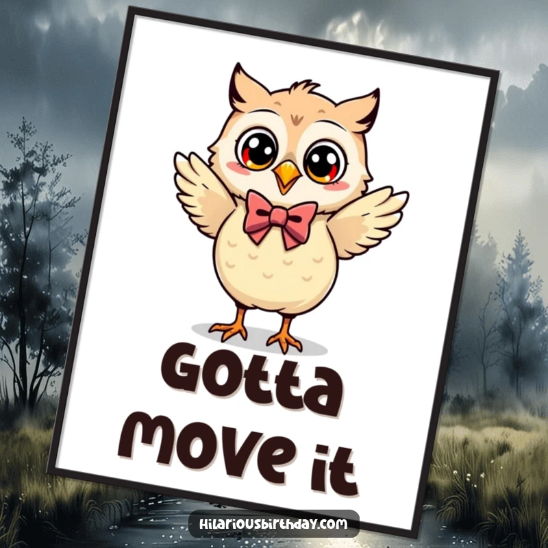 Funny Kawaii owl in a festive bow tie, dancing playfully, printed as a colorful poster for wall art.