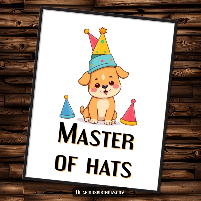 Funny determined dog balancing a stack of party hats, displayed as a poster, perfect for adding funny, focused decor.