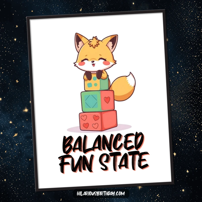 Funny poster art of a giggling fox character stacking colorful party blocks in a precarious tower.