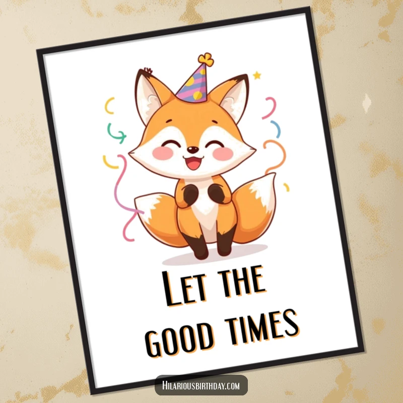 Funny Fox Party Poster: Cheerful fox character wearing a party hat, enthusiastically twirling with streamers, festive wall decor.