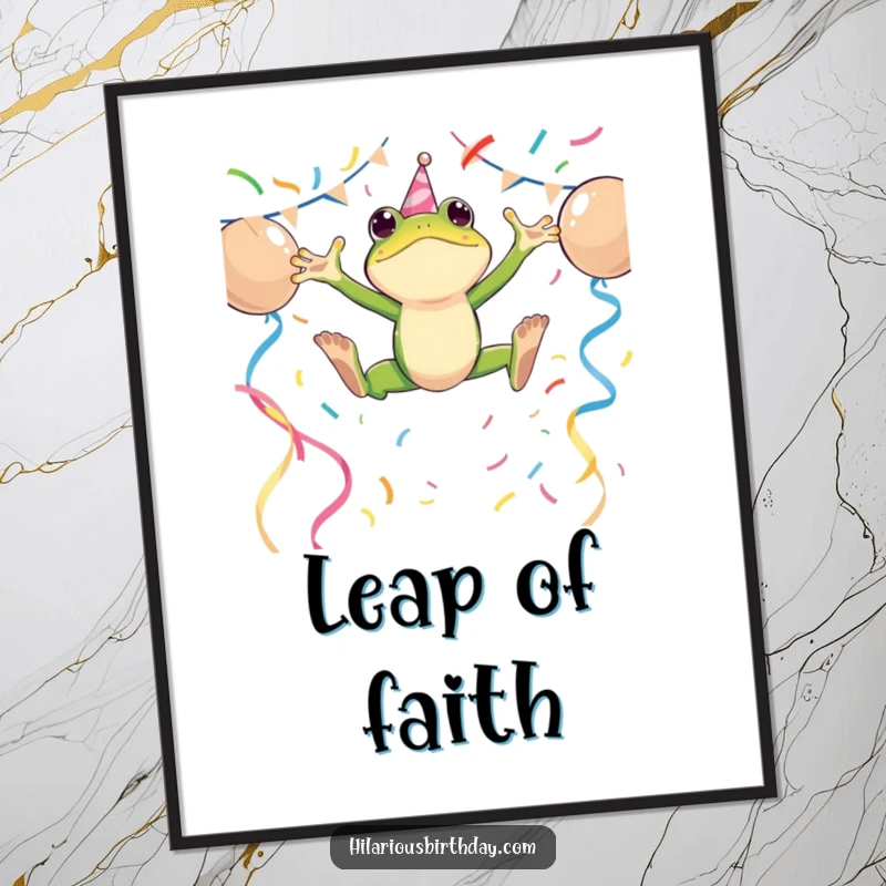 Funny poster depicting an energetic frog character leaping over party streamers, perfect for adding vibrant and festive decor.