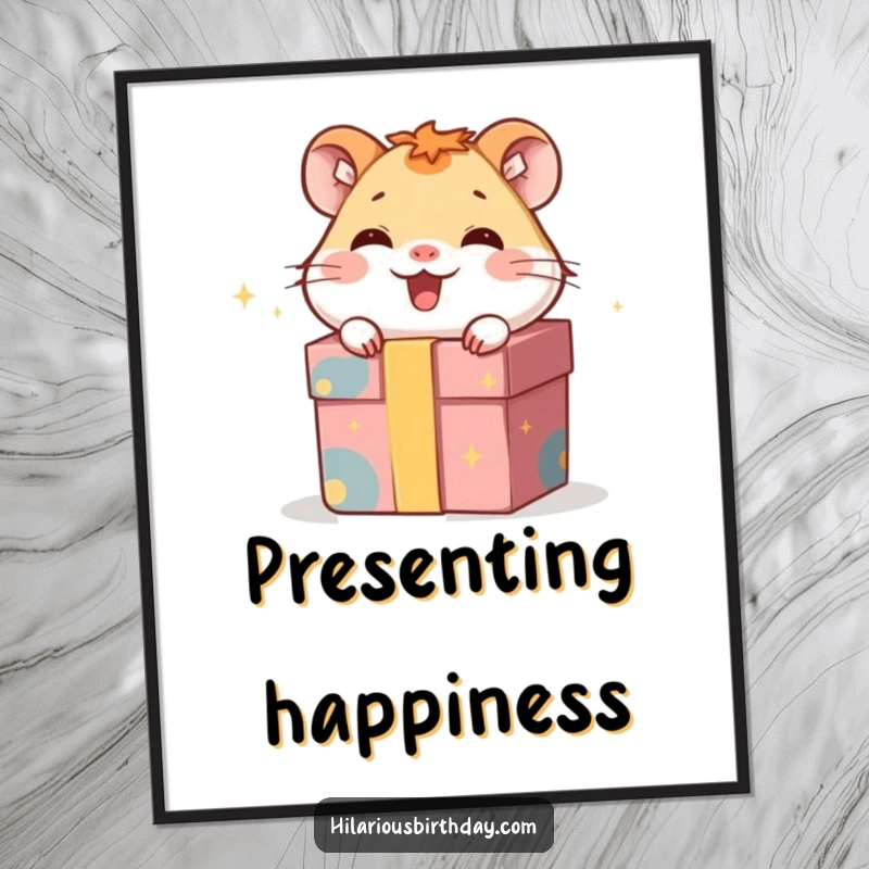 Funny poster print of a giggling hamster character hiding inside a gift box, bringing playful joy and cuteness.