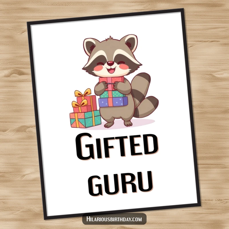 Funny poster print of a joyful raccoon character balancing a stack of presents, bringing festive cheer and humor.