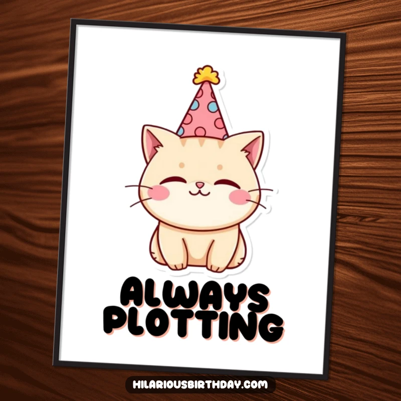Funny kawaii cat character wearing a silly party hat and winking charmingly, creating a delightful wall art poster.