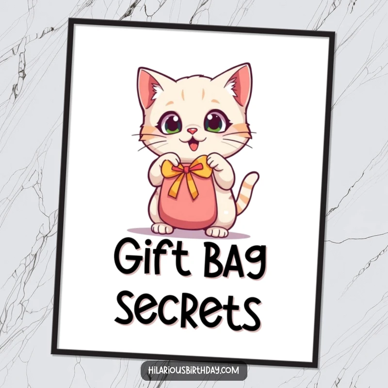 Funny kawaii cat poster, a wide-eyed cat excitedly shaking a gift bag, creating a vibrant and joyful wall decoration.
