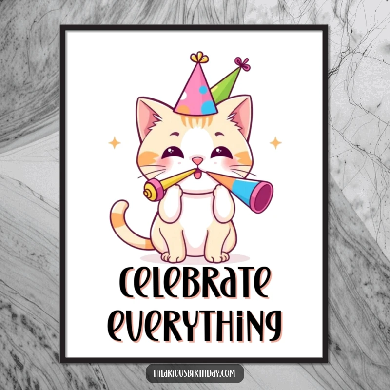 Funny poster featuring an incredibly cute Kawaii cat in a party hat, enthusiastically blowing a party horn with festive flair.