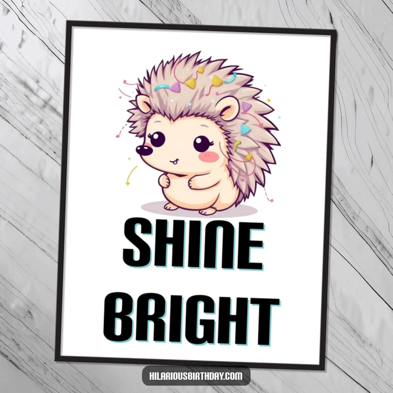 Funny Kawaii hedgehog covered in streamers and glitter on a poster, bringing festive cheer.