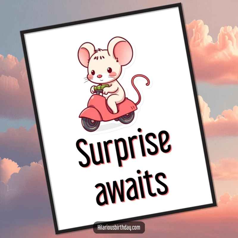 Funny kawaii mouse character riding a small, unwrapping gift, creating a whimsical and charming poster.