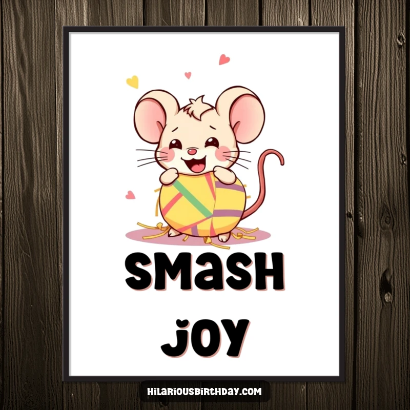 Funny Kawaii mouse energetically smashing a piñata on a poster, a lively piece of funny art.