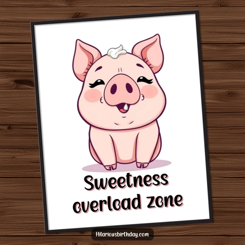 Funny kawaii pig gleefully smudging frosting on its nose, sweet wall art, perfect funny gift for foodies.