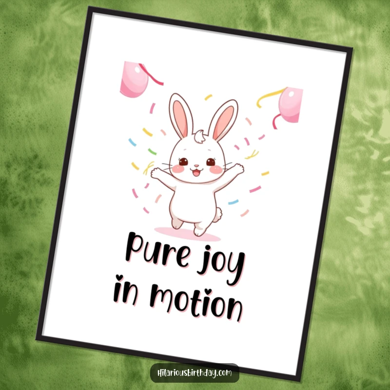 Funny kawaii rabbit character gleefully dancing with vibrant streamers, creating a cheerful and lively poster.