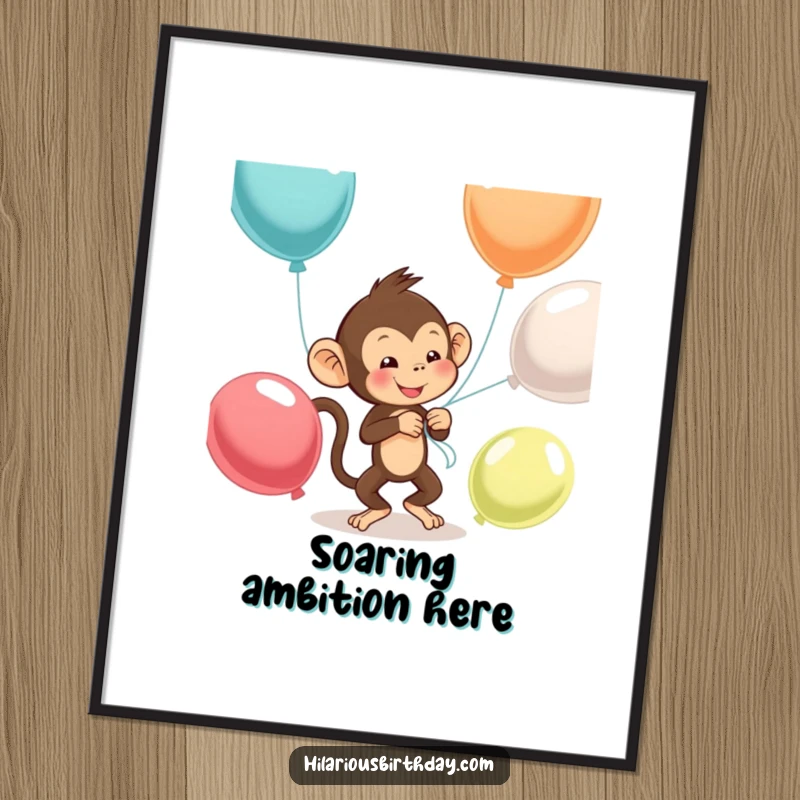 Funny monkey balloon poster featuring a mischievous monkey attempting to tie balloons, creating a whimsical and humorous scene.