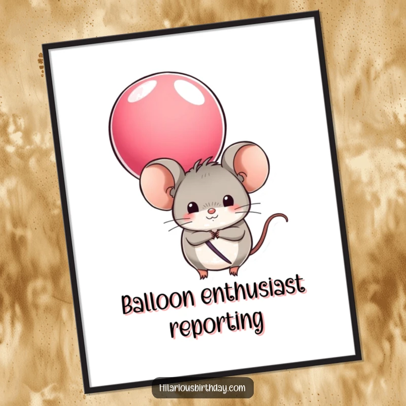Funny poster depicting a round mouse character hiding behind a colorful balloon, perfect for adding playful and whimsical decor.